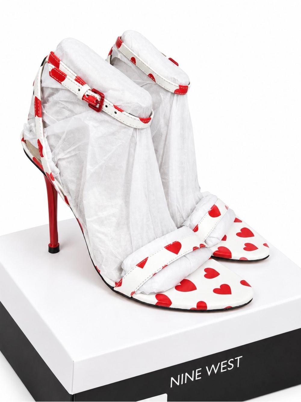 Nine West White Stiletto Sandals with Red Heart Print